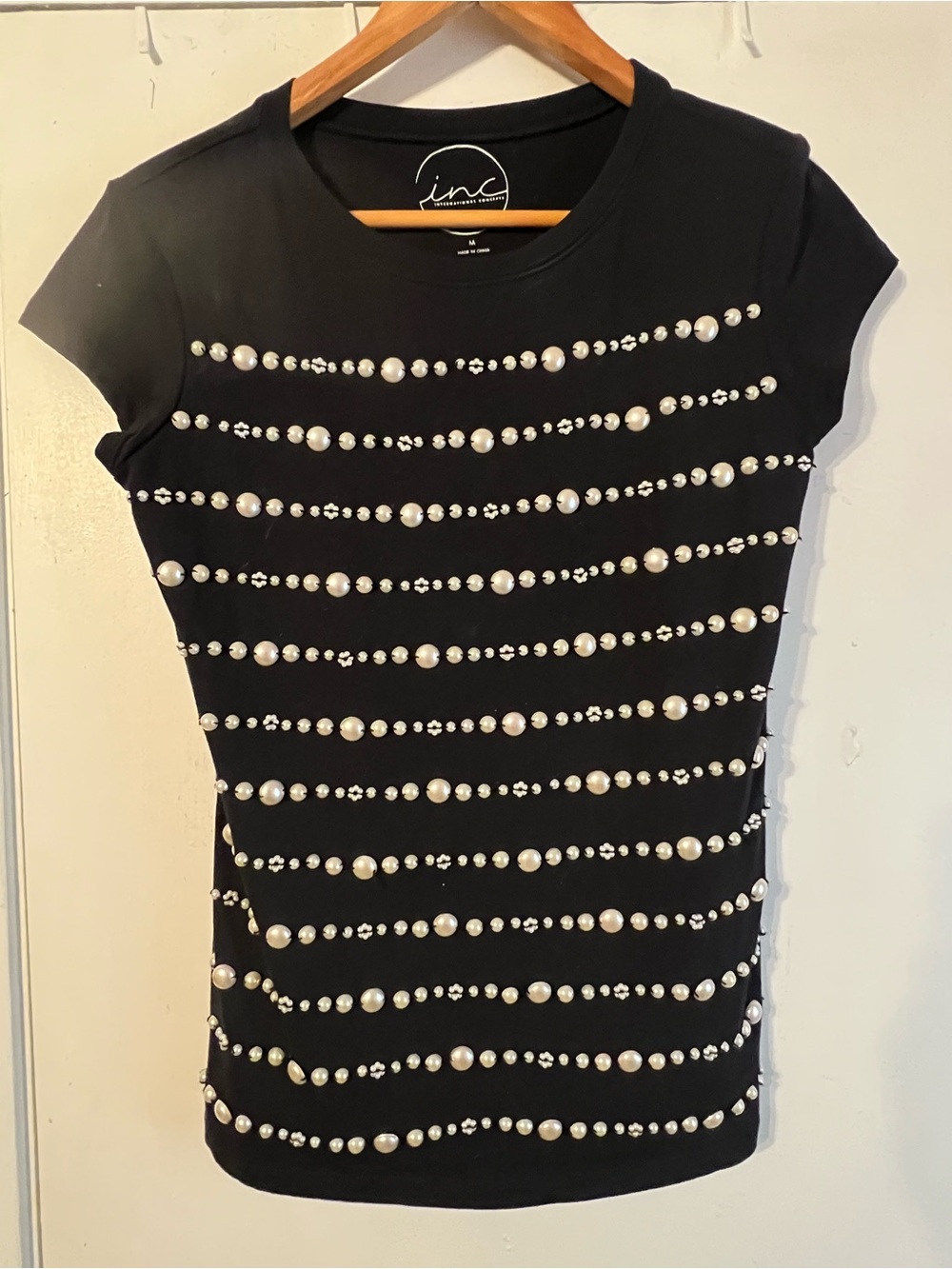 INC International Concepts Black Short Sleeve Tee with Pearl & Rhinestone Rows